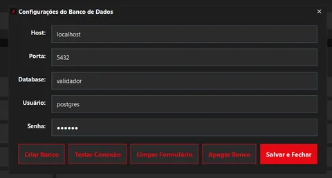 Modal de configuração do banco de dados